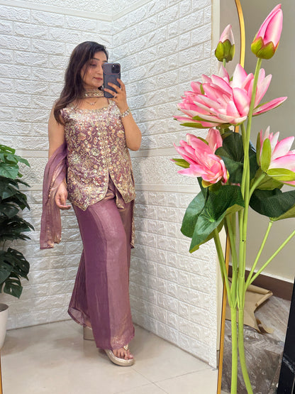 Indo Western- lavender silk embroidered short kurti with flared pants and a matching dupatta