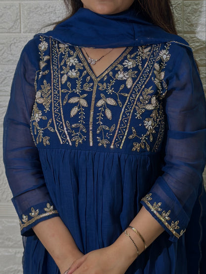 Embroidered Mul Chanderi Aline Kurta Set With Dupatta
