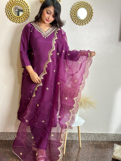 Embroidered Kurta Set With Scalloped Dupatta.