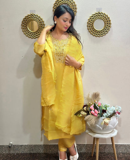 Elegant Silk Embroidered Kurta Set with Chinon Dupatta