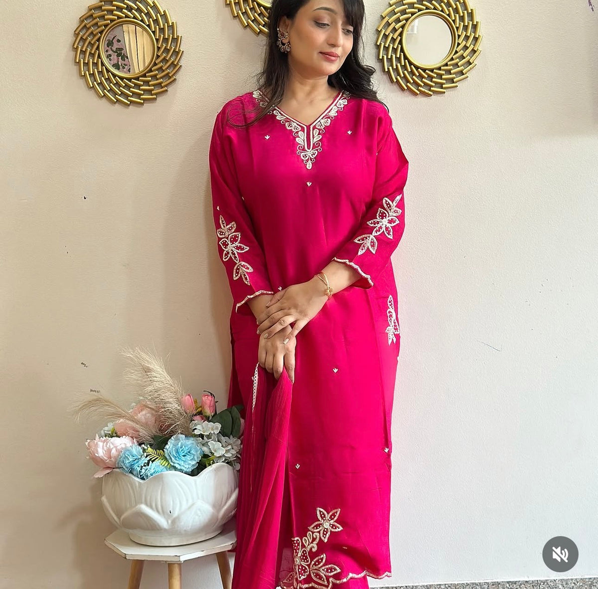 Beautiful Embroidered Rani Dola Silk Kurta Set with Dupatta
