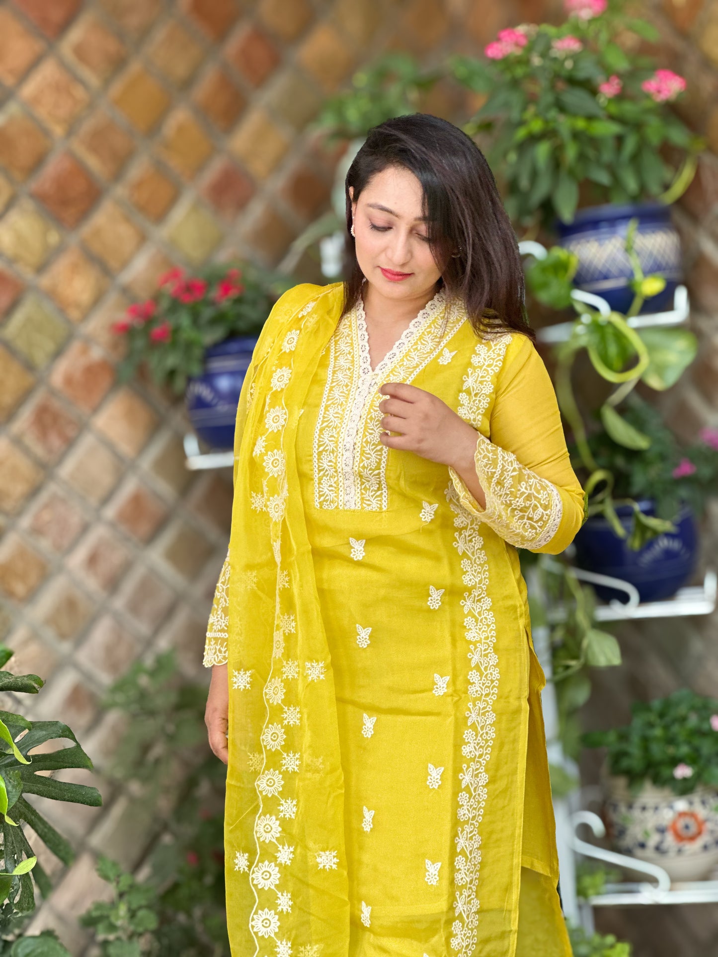 Yellow Organza Embroidered Suit Set