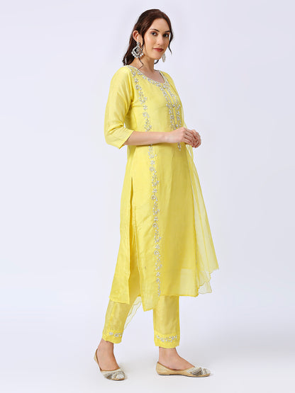 Yellow embroidered silk set