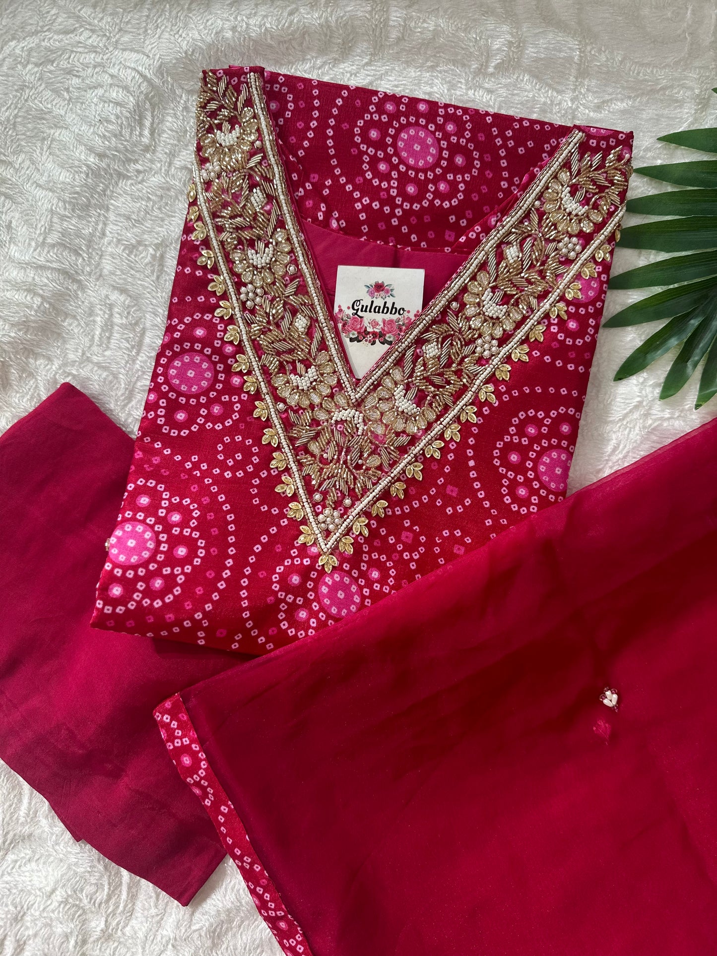 Pink Embroidered Dola Silk Bandhej Kurti