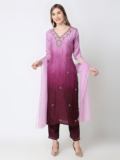 Ombré Pure Dola Silk Embroidered Kurta Set