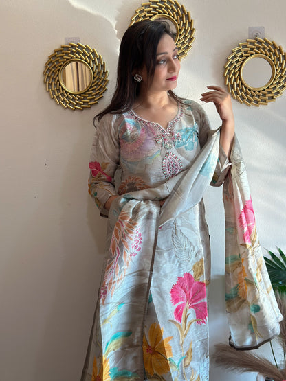 Elegant Floral Printed Embroidered Muslin Kurta Set