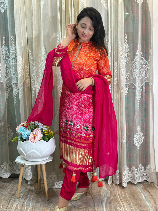 Beautiful Embroidered Gaji Silk Bandhani Dual-Color Ombré Kurta Set