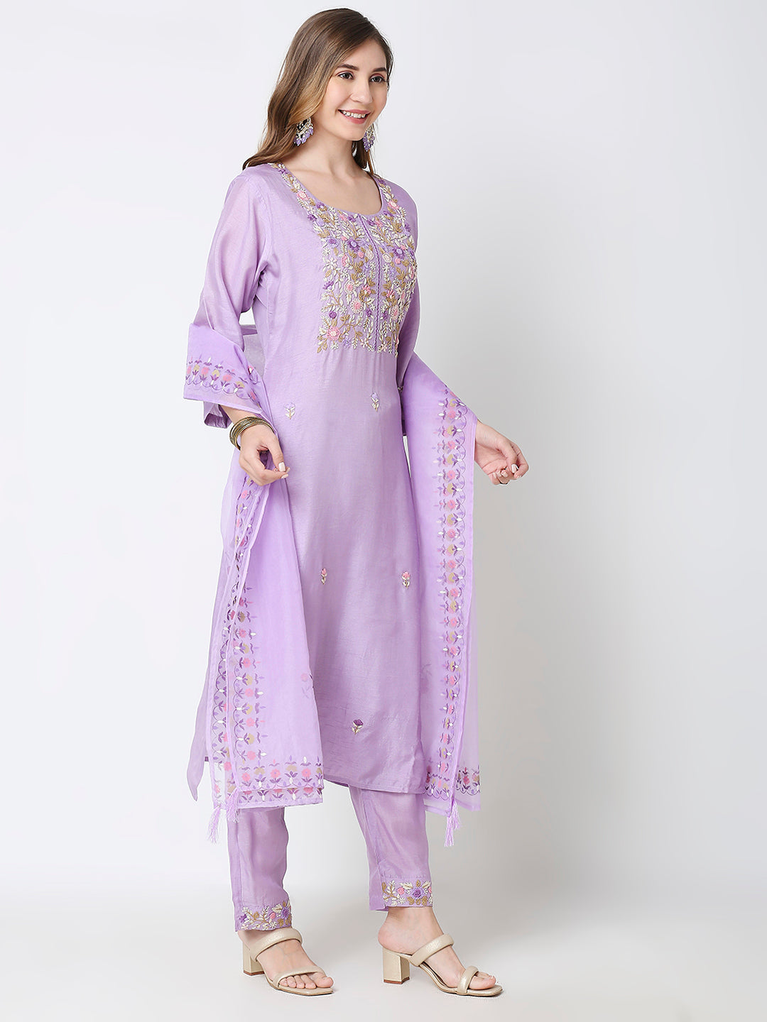 Ribbon Embroidered Kurts Set With Hand Painted Dupatta