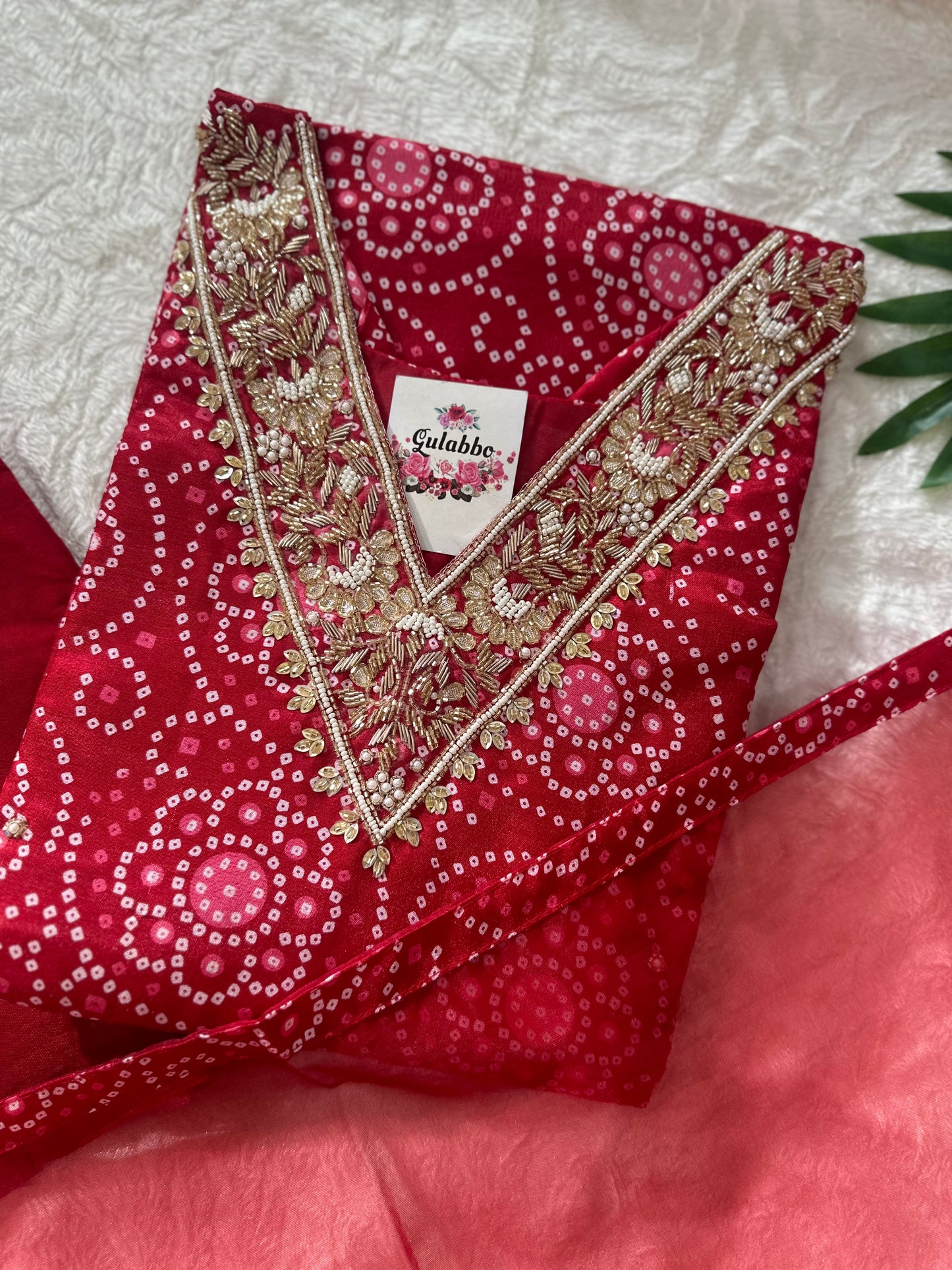 Red Embroidered Dola Silk Bandhej Kurti