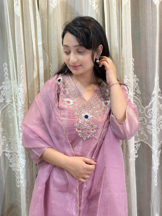 Elegant Pastel Pink Tissue Silk Kurta Set