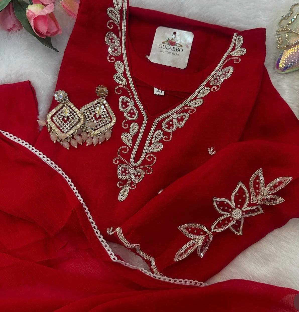 Beautiful Embroidered Red Dola Silk Kurta Set with Dupatta