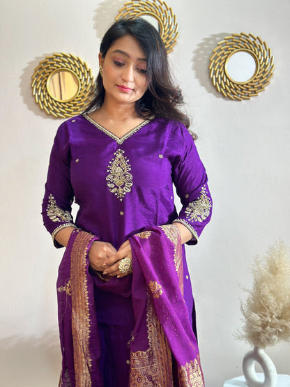 Purple Heavy Embroidered Yoke & Sleeves Silk Kurta Set