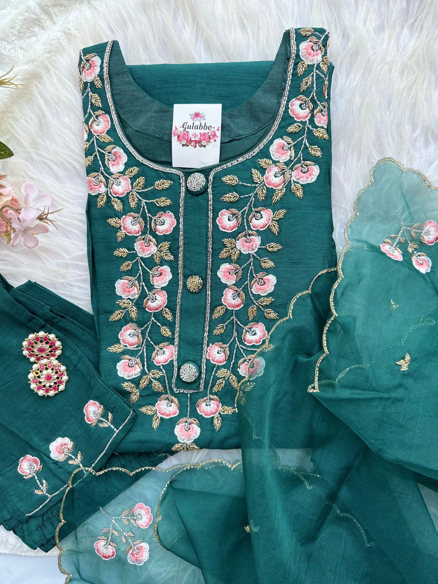 Ombré Embroidered Bottle Green Dress