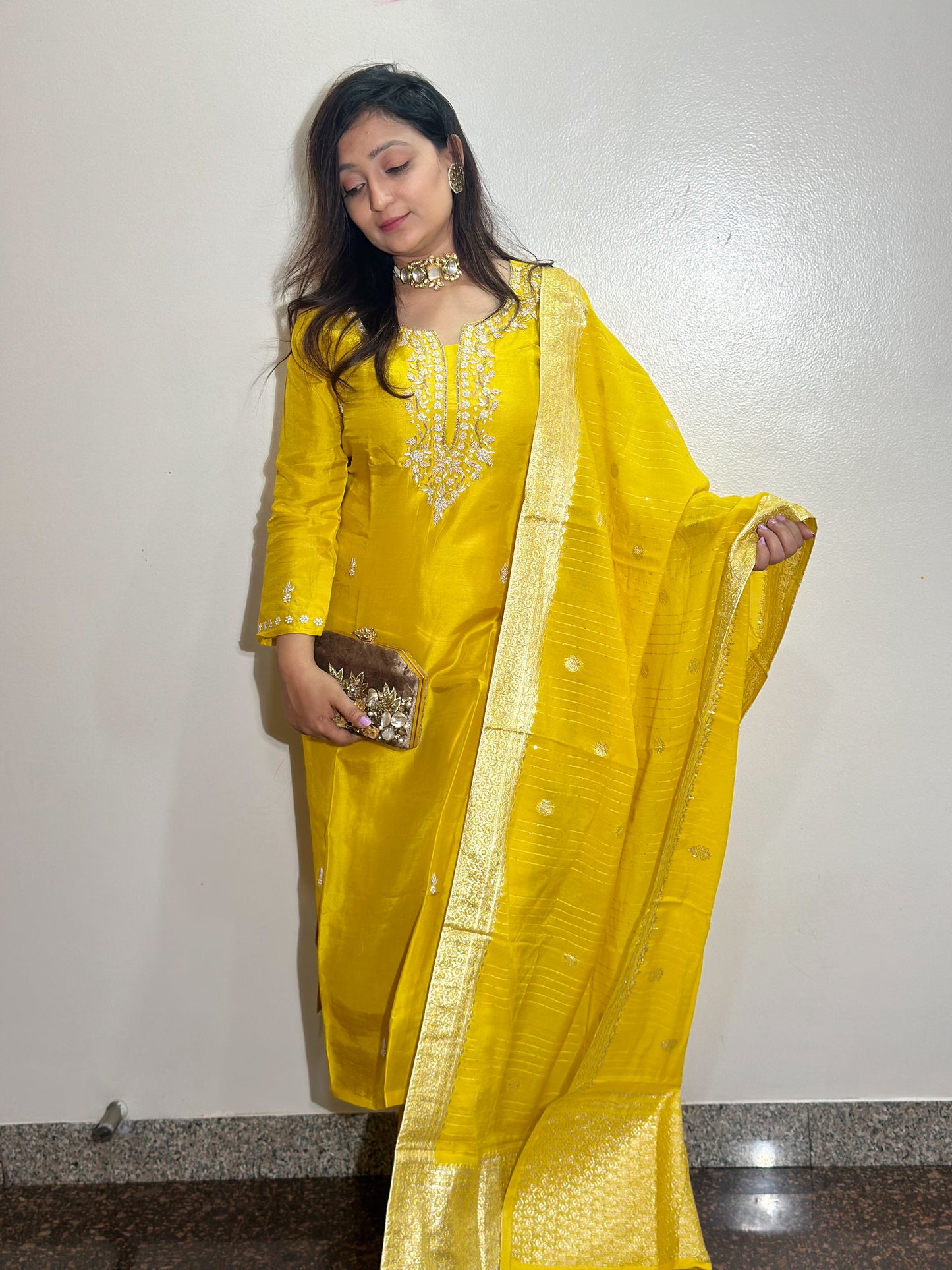 Yellow Dola Silk Kurta Set With Banarasi Dupatta