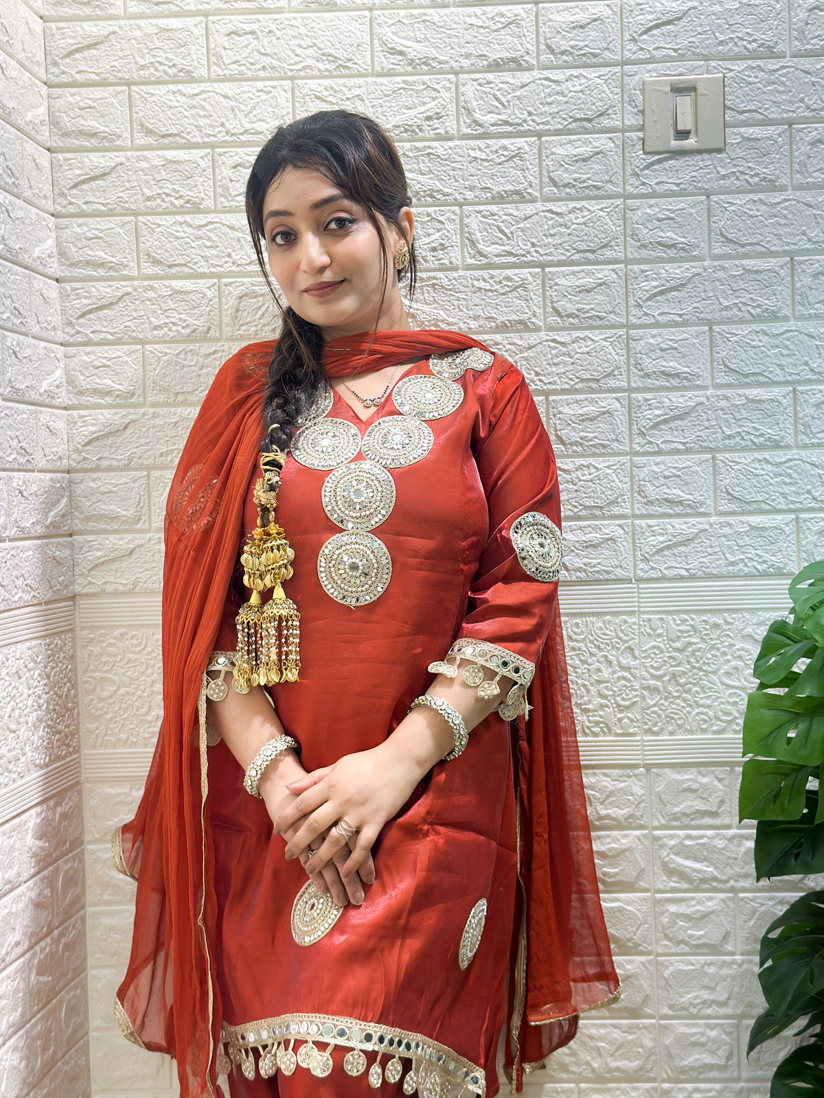 Real Mirror Work Rust Colour Kurta Set