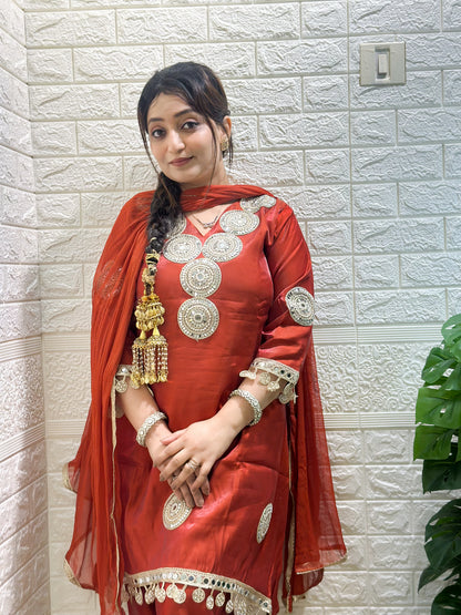 Real Mirror Work Rust Colour Kurta Set