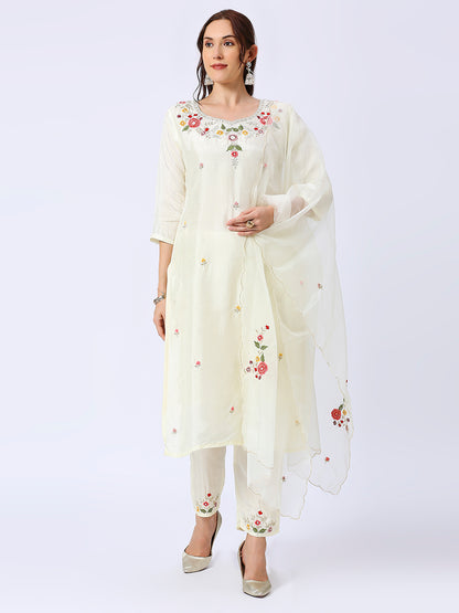 White Hand Embroidered Silk Set