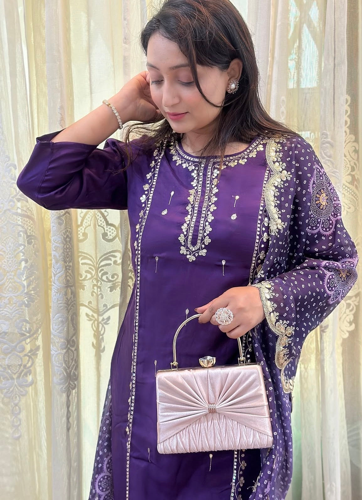 Gota Patti embroidered kurta set in vibrant purple with scalloped Dupatta 