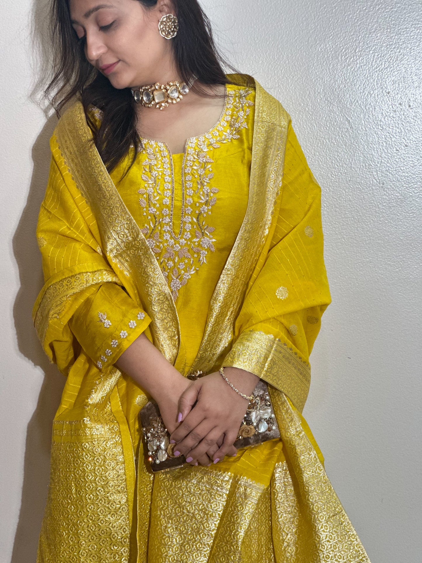 Yellow Dola Silk Kurta Set With Banarasi Dupatta