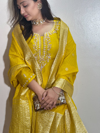 Yellow Dola Silk Kurta Set With Banarasi Dupatta