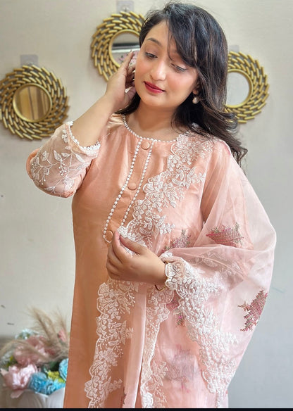 Elegant Dola Silk Kurta Set with Lace Detailing