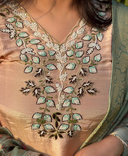 Vibrant floral embroidery with a coordinating floral dupatta.
