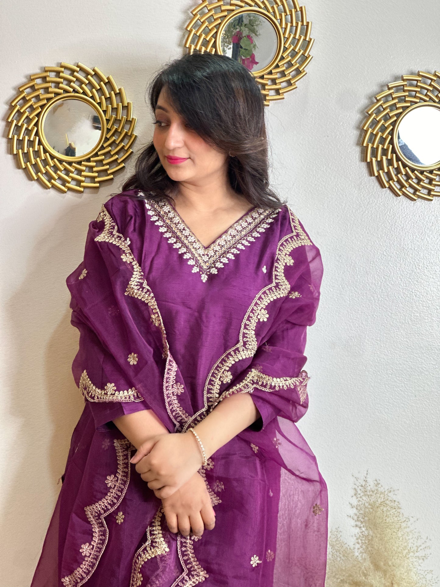 Embroidered Kurta Set With Scalloped Dupatta.