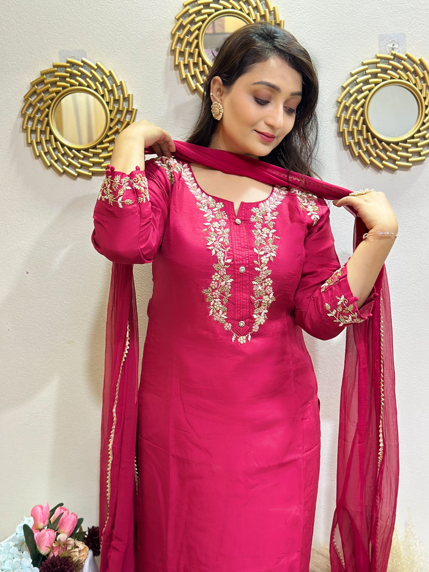 Handwork red embroidered kurti set