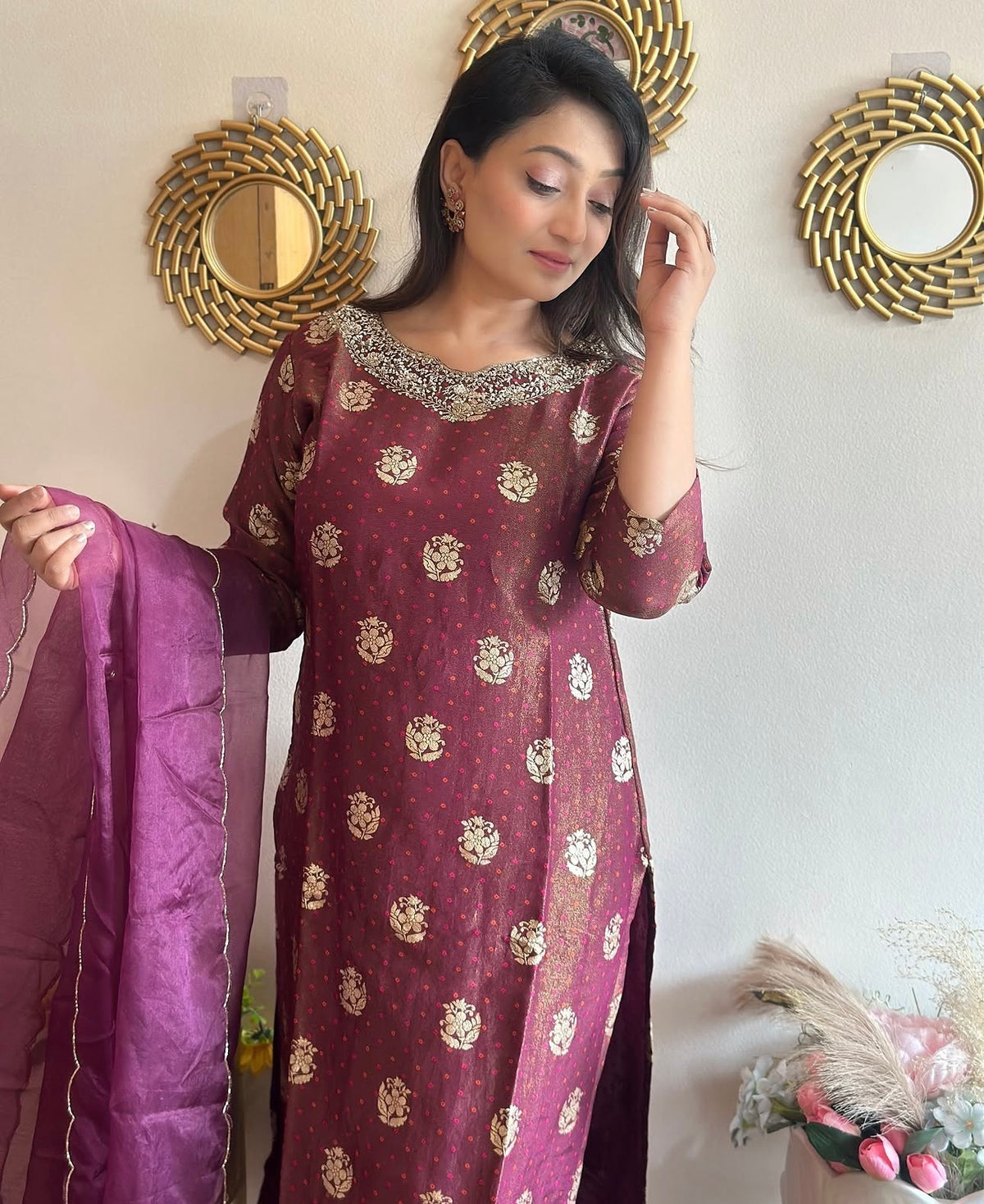 Jacquard Hand Embroidered Tissue Silk Kurta Set With organza Dupatta (wine colour)
