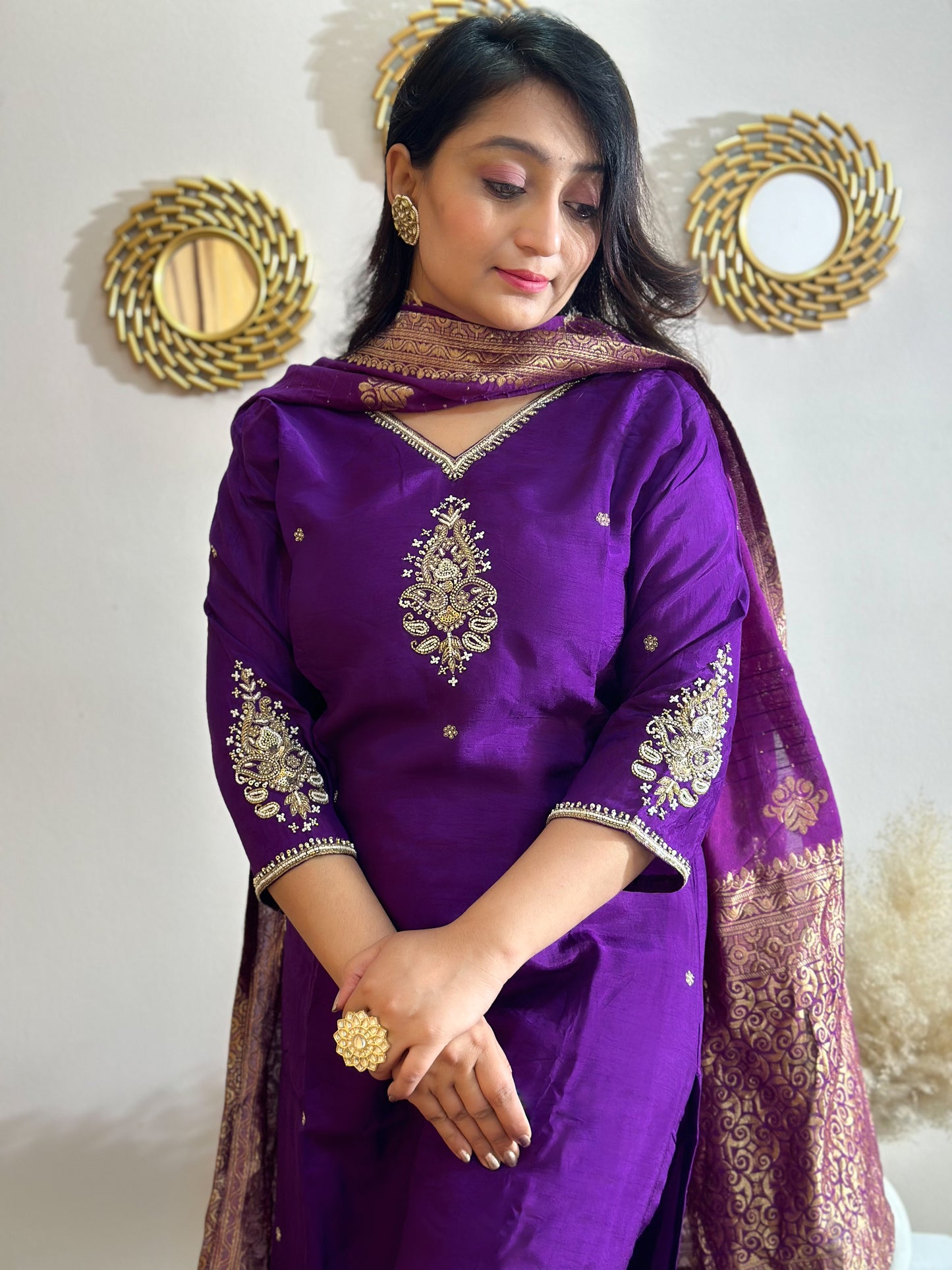 Purple Heavy Embroidered Yoke & Sleeves Silk Kurta Set