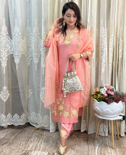 Peachy Pink Beautiful Dola silk kurta, adorned with elegant ribbon embroidery