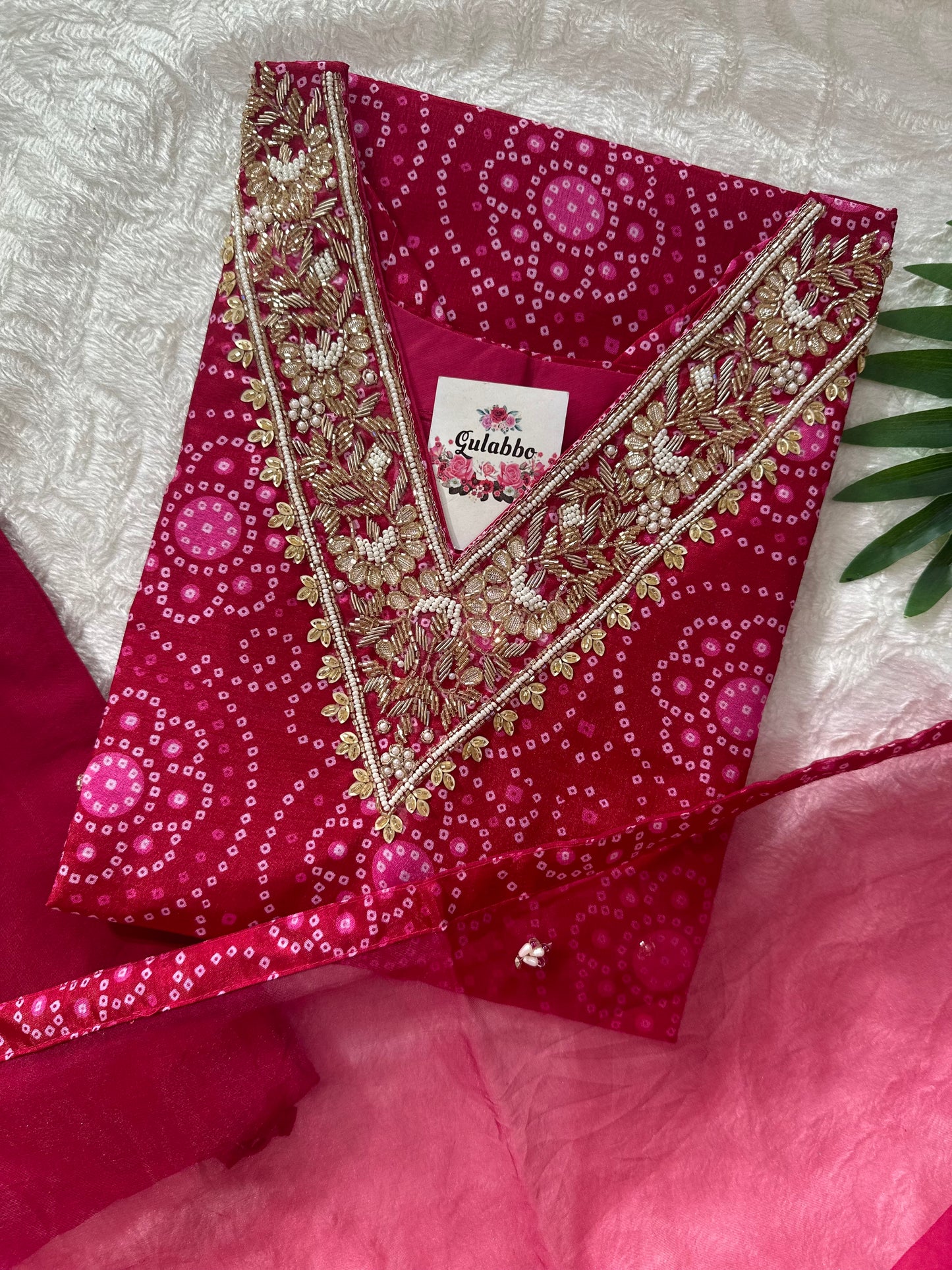 Pink Embroidered Dola Silk Bandhej Kurti