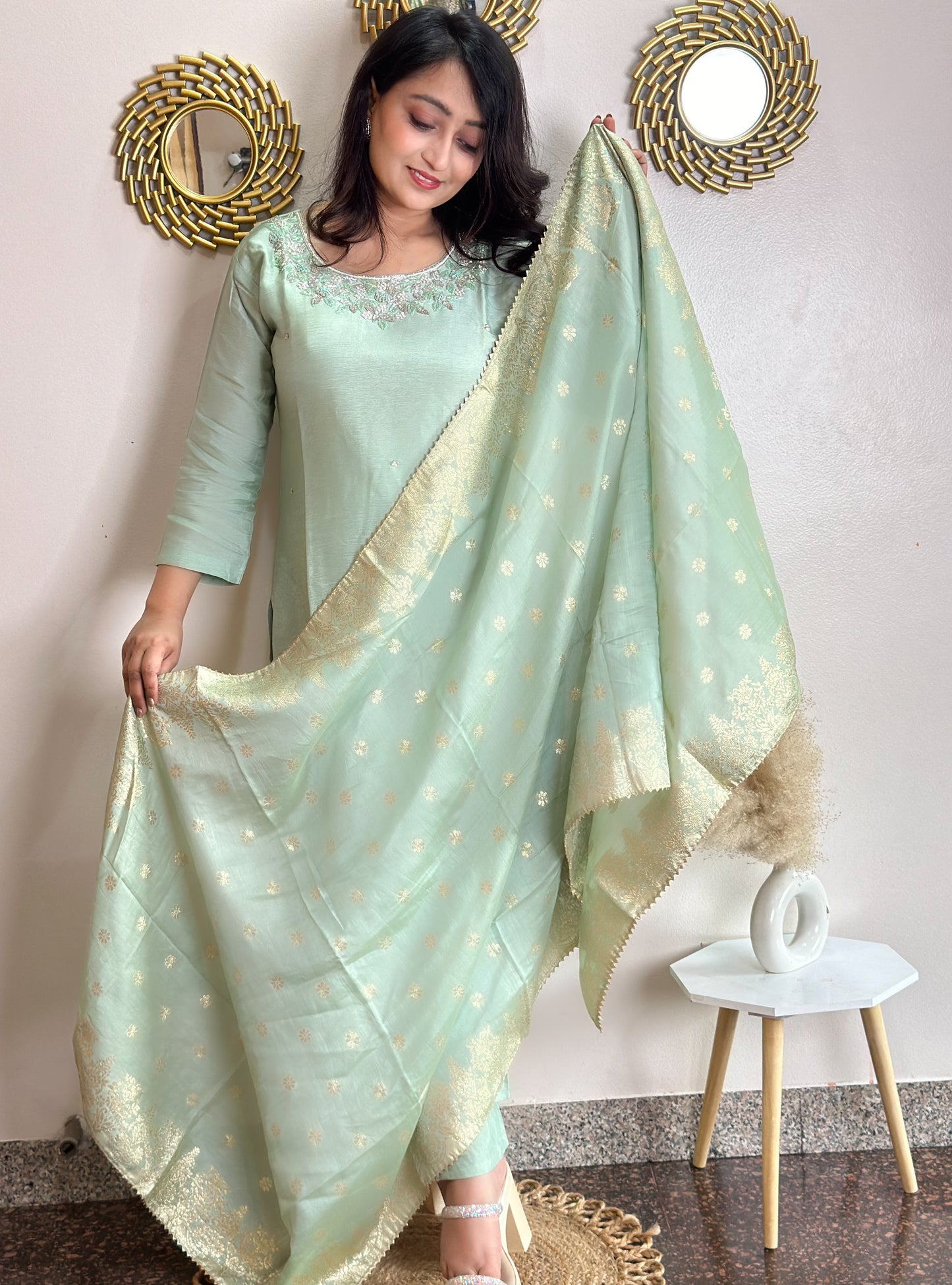 Pista Green Embroidered Silk Set With Banarasi Dupatta