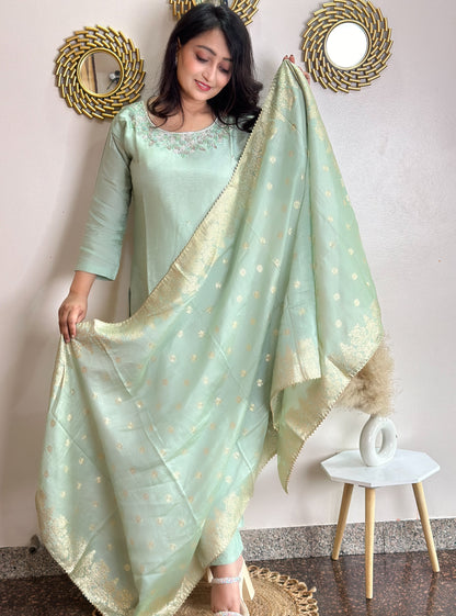 Pista Green Embroidered Silk Set With Banarasi Dupatta