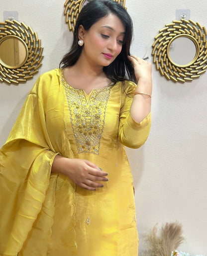 Elegant Silk Embroidered Kurta Set with Chinon Dupatta