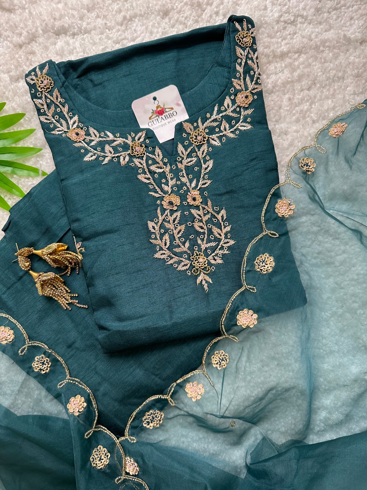 Peacock Green Embroidered Silk Set