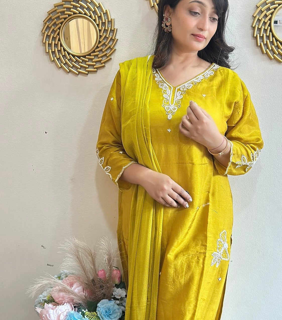 Beautiful Embroidered MustardDola Silk Kurta Set with Dupatta