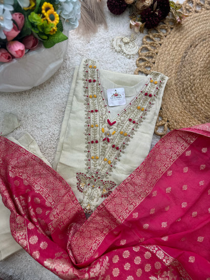 White Tissue Silk Embroidered Kurta Set With Banarasi Dupatta