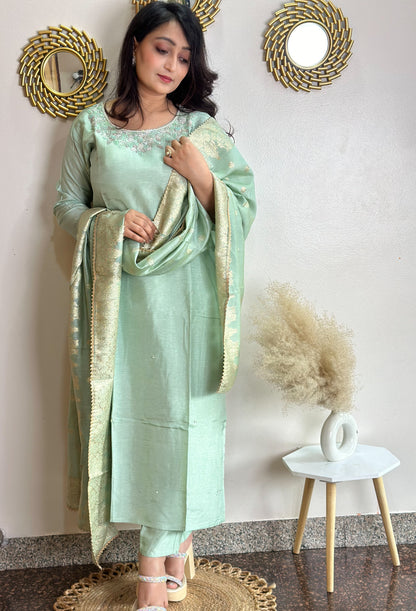 Pista Green Embroidered Silk Set With Banarasi Dupatta