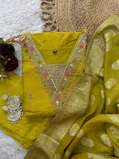 Lime Green Embroidered Kurta Set With Banarasi Dupatta