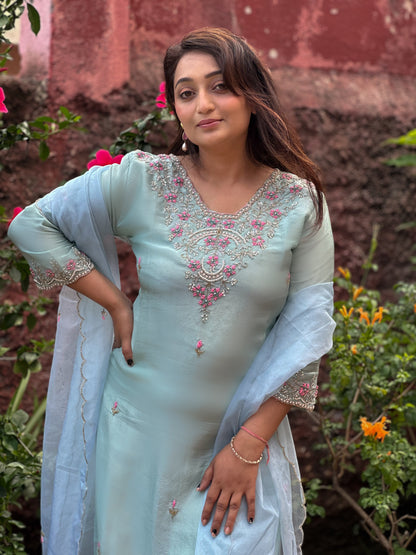 Sea Green Tissue Silk Embroidered Kurta Set