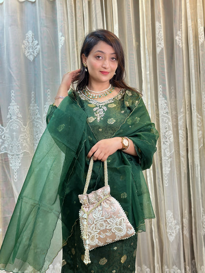 Bottle Green Embroidered Tissue Silk Kurta Set