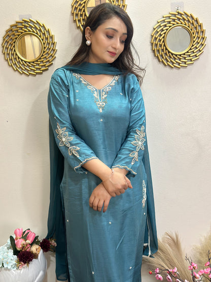 Teal Elegant Moti & Sequin Embroidered Kurta Set