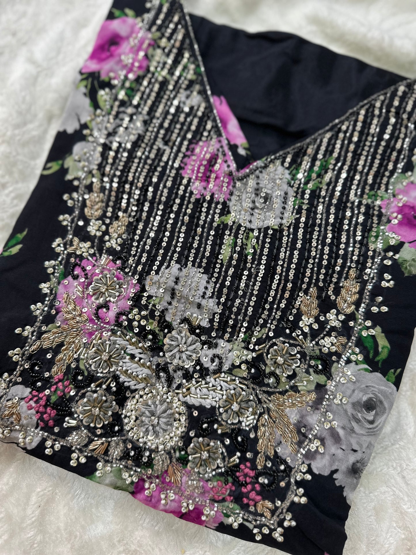 Embroidered Black Muslin Kurti With Pink Flowers