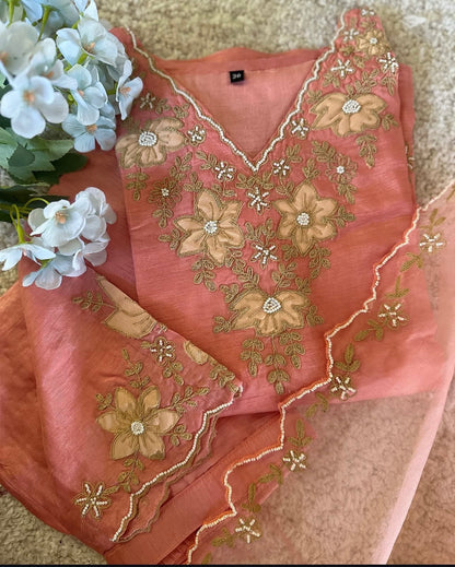 Peachy Pink Beautiful Dola silk kurta, adorned with elegant ribbon embroidery
