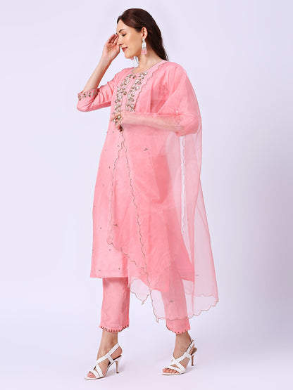 Pink Embroidered Silk Set