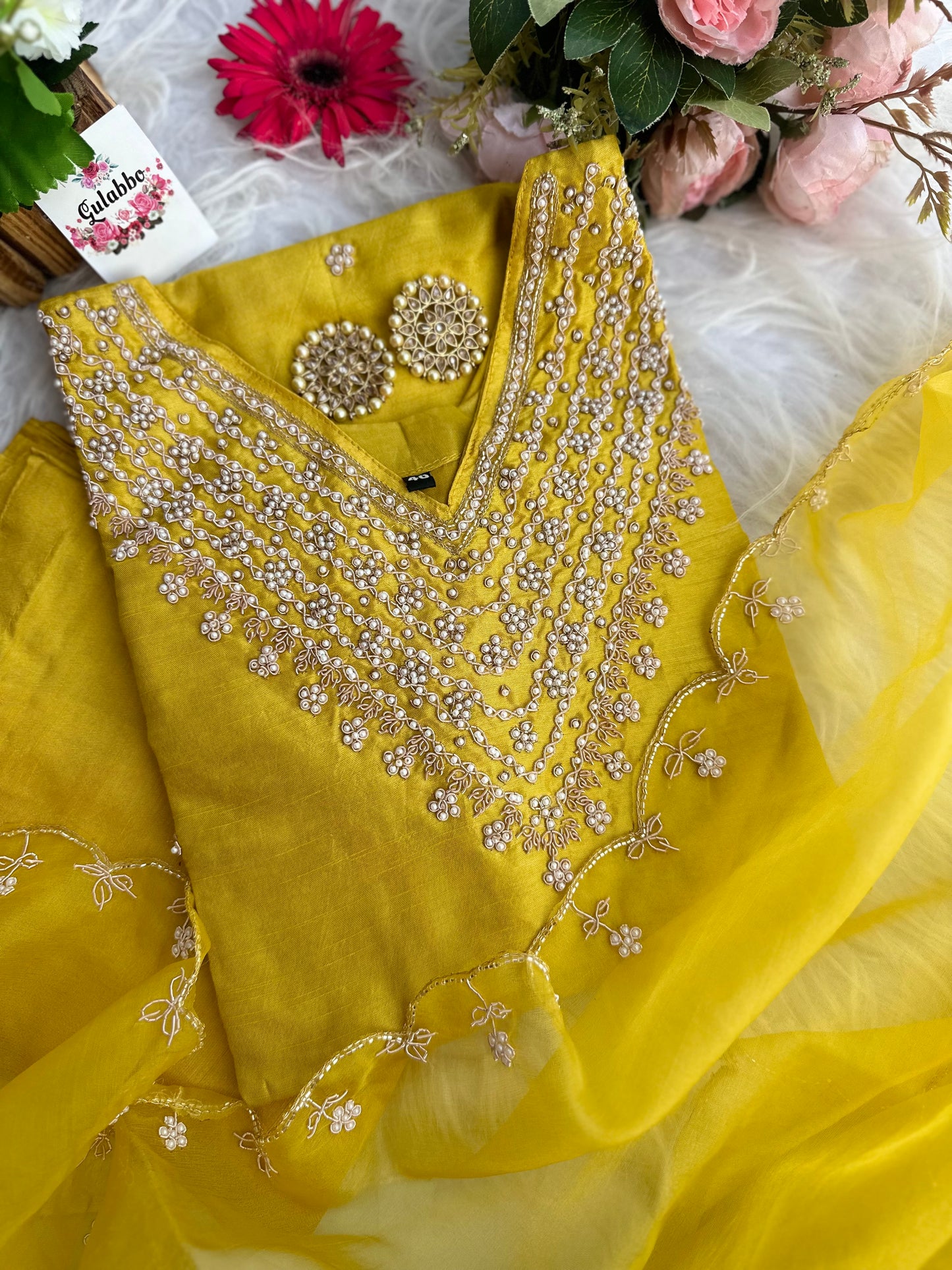 Embroidered Yellow Moti Silk Set