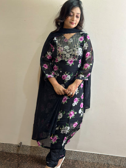 Embroidered Black Muslin Kurti With Pink Flowers