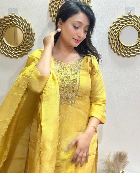 Elegant Silk Embroidered Kurta Set with Chinon Dupatta