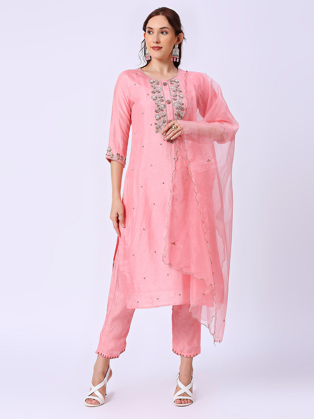 Pink Embroidered Silk Set